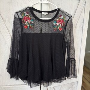 Maurices Floral Embroidered Mesh Top Women’s Small Polka Dot Bell Sleeve